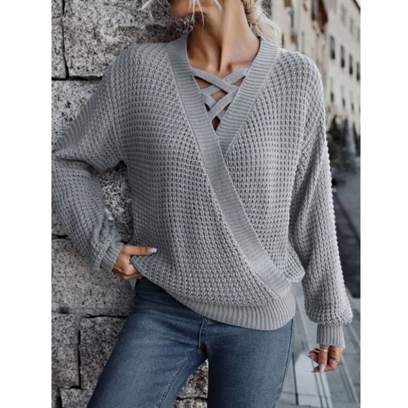 Casual Boho Criss Cross Surplice Neck knit Sweater Top - Picture 7 of 7